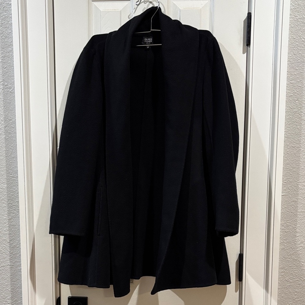 Eileen Fisher Black Wool, Cashmere Blend Petite Lightweight Open Coat